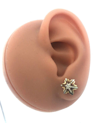 Vintage 14k Yellow White Gold Diamond 6 Point Radiant Star Comet Stud Earrings