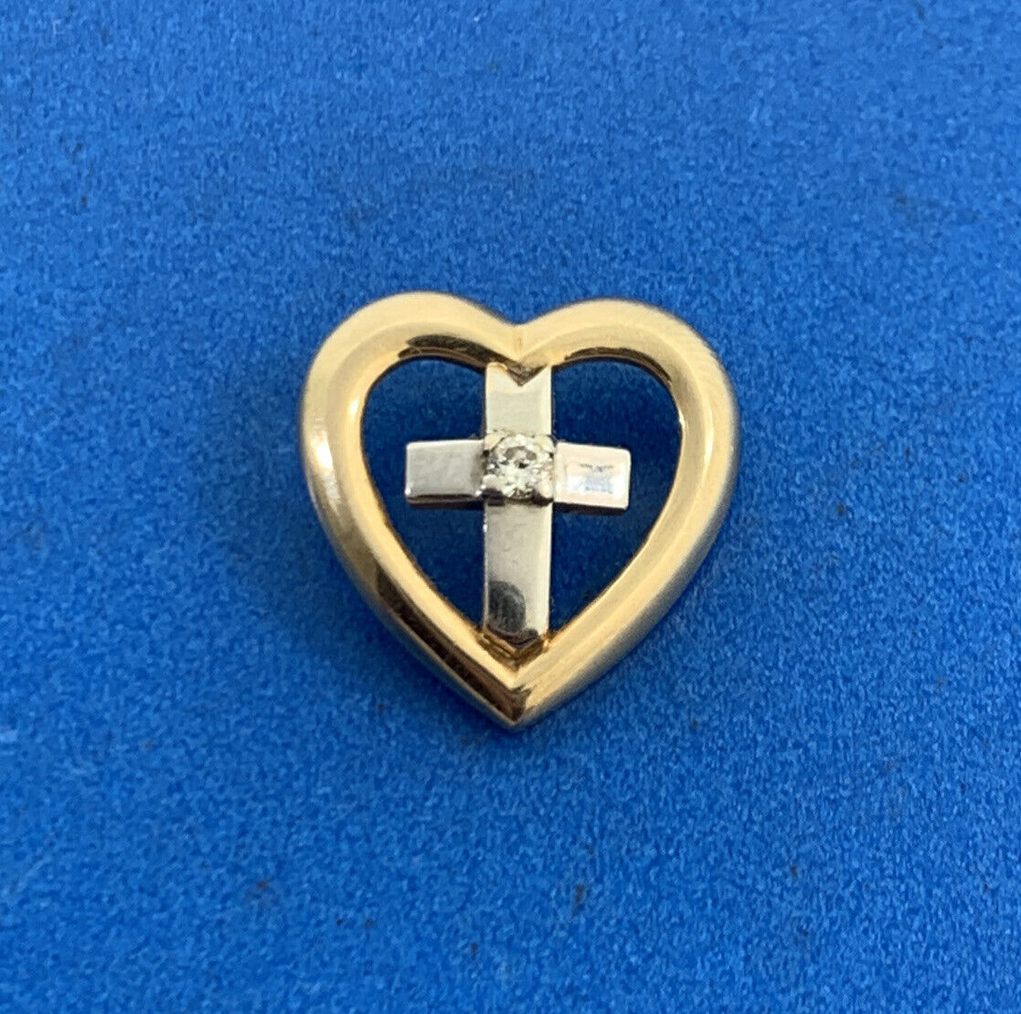 Designer 14K Yellow & White Diamond Cross Heart Religious Charm Pendant