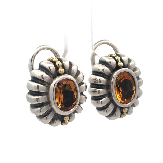 Lagos Caviar 925 Sterling Silver 18K Yellow Gold Cognac Cushion Citrine Earrings