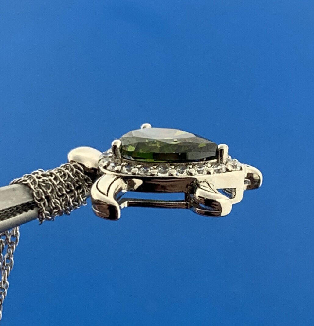 Karizia Spa Italy Sterling Silver Green Cubic Zirconia Turtle Pendant Necklace