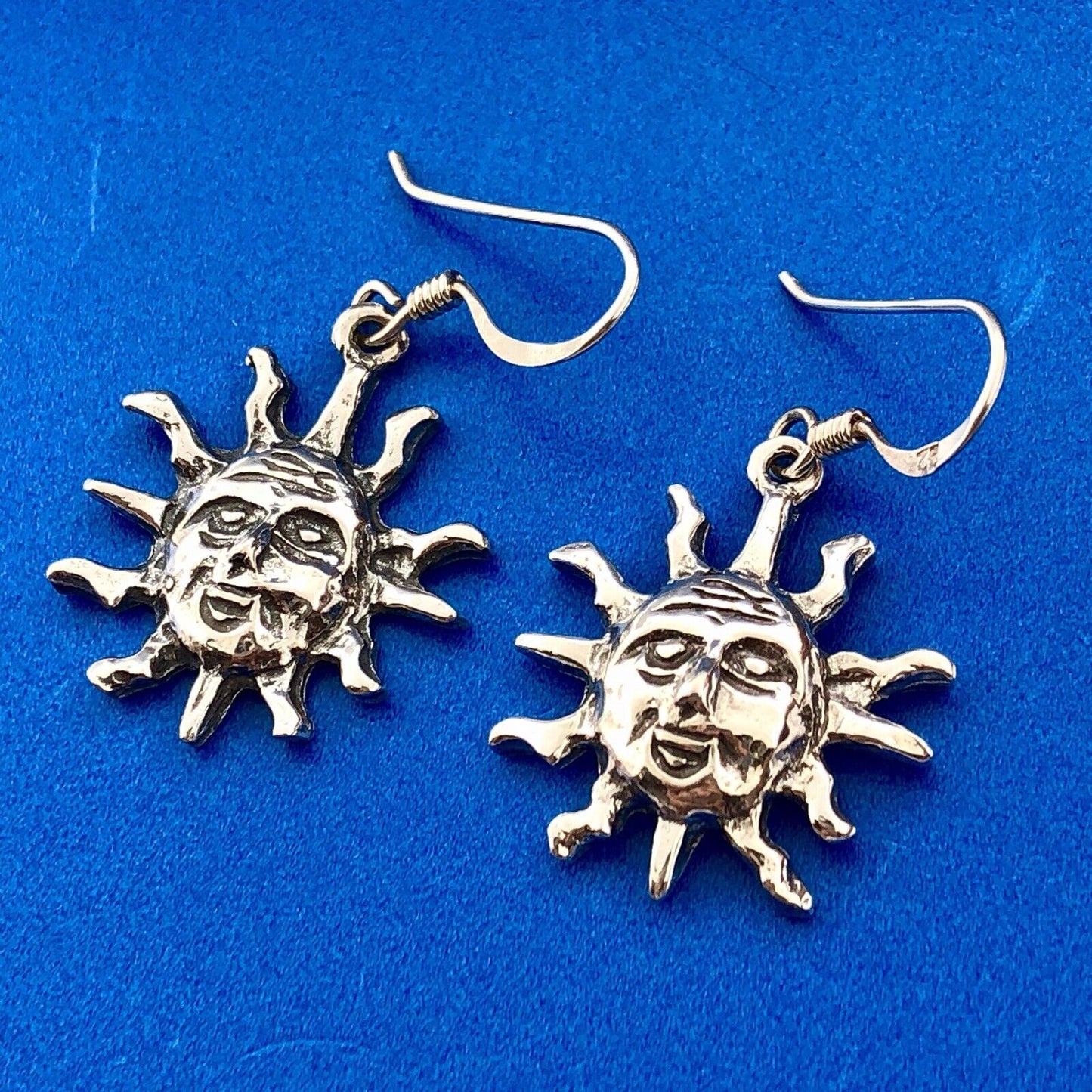 Vintage 925 Sterling Silver Sun Sunburst Astrological Drop Dangle Earrings