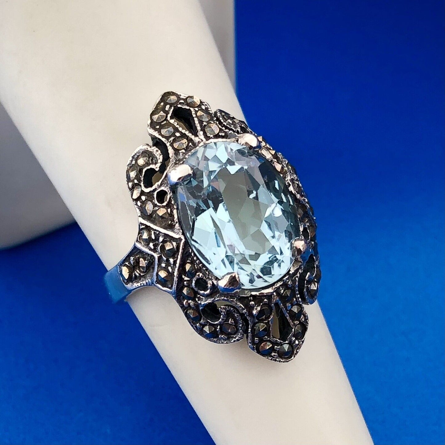 Estate 925 Sterling Silver Oval Blue Topaz Marcasite December Anniversary Ring