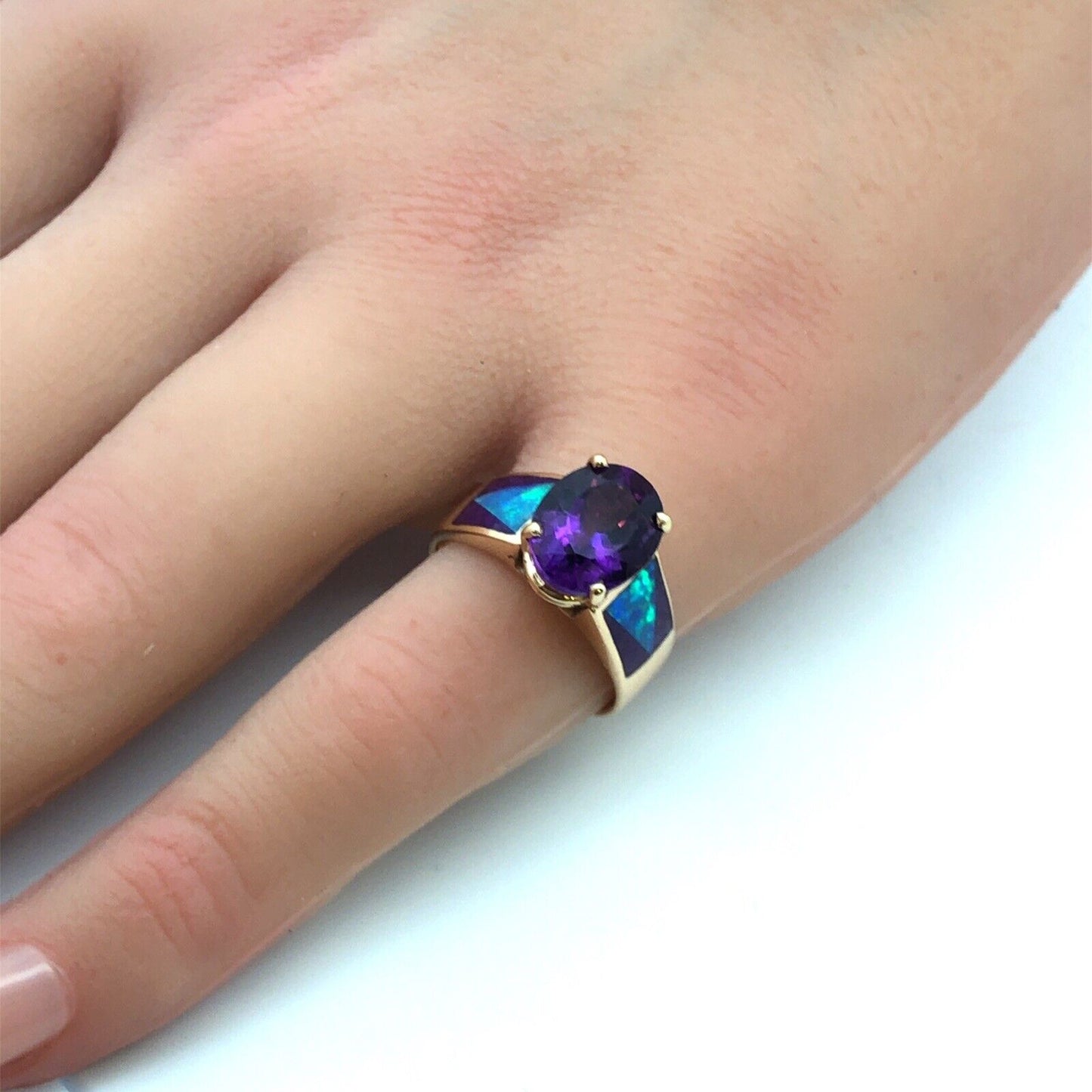 Vintage 14K Yellow Gold Oval Amethyst Opal Inlay Purple Enamel Cocktail Ring