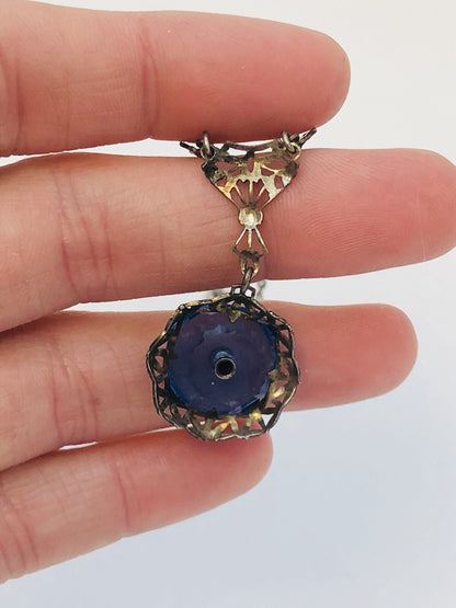 Art Nouveau Art Deco Sterling Silver Cobalt Glass Rhinestone Filigree Necklace