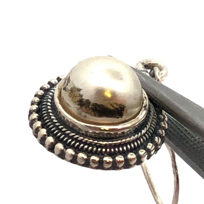 Vintage 925 Sterling Silver Round Pearl Beaded Detail Hook Dangle Earrings