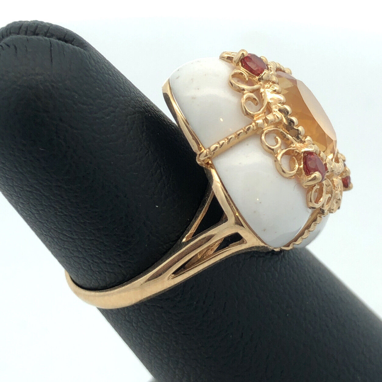 Designer 14K Yellow Gold Citrine Orange Tourmaline White Agate Statement Ring