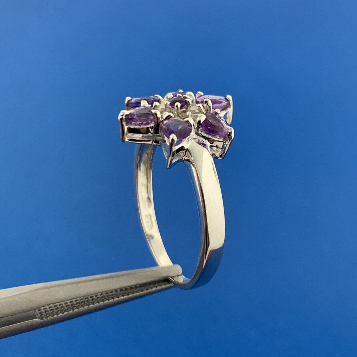 Designer Sterling Silver Amethyst Diamond Flower Cluster February Occasion Ring