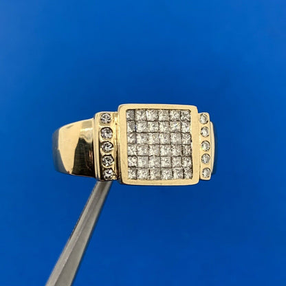 14K Yellow Gold Pave Princess Diamond Square Top Statement Unisex Cocktail Ring