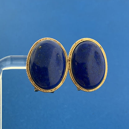 Vintage 14K Yellow Gold Lapis Lazuli Cabochon Statement Omega Back Earrings