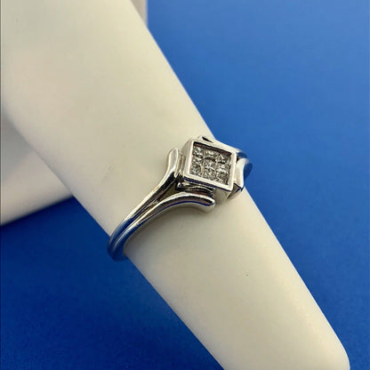 Modernist 14K White Gold Diamond Tension Set Princess Engagement Promise Ring
