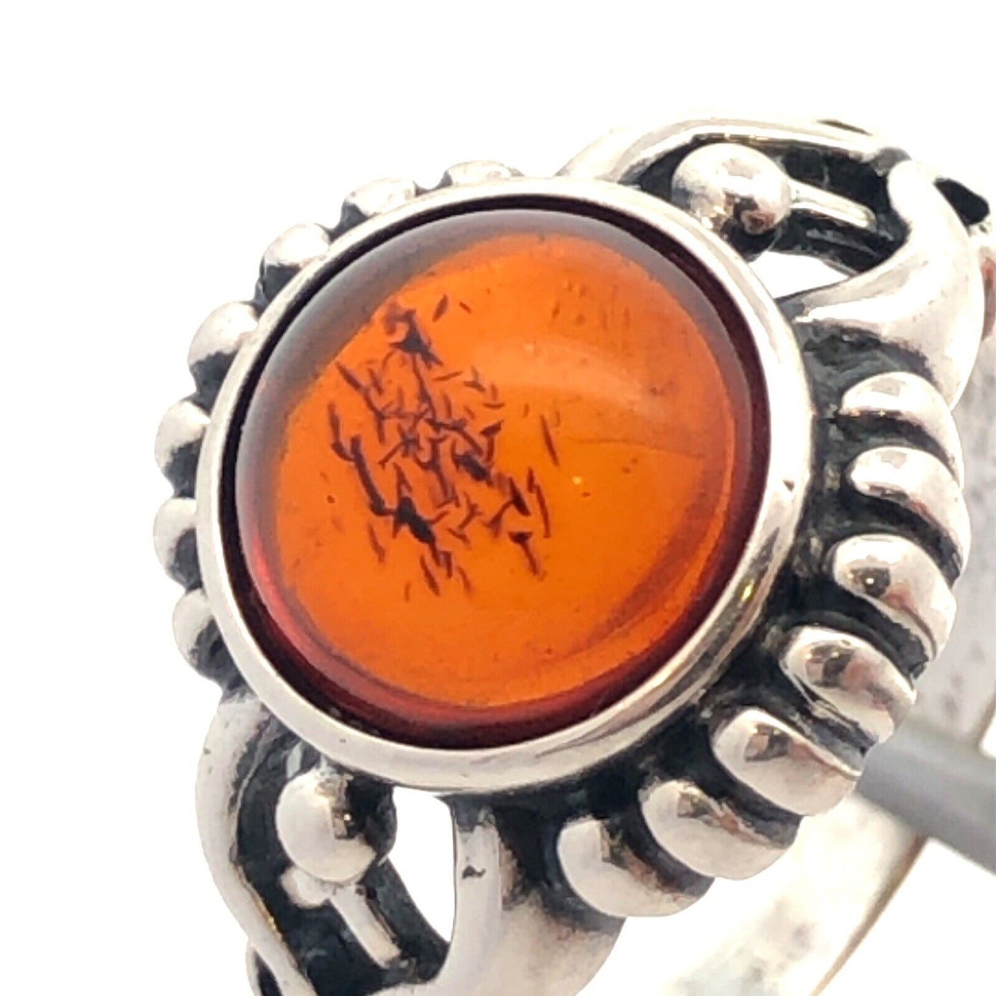 925 Sterling Silver Vintage V-8 Round Cabochon Orange Amber Cocktail Ring