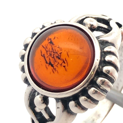 925 Sterling Silver Vintage V-8 Round Cabochon Orange Amber Cocktail Ring