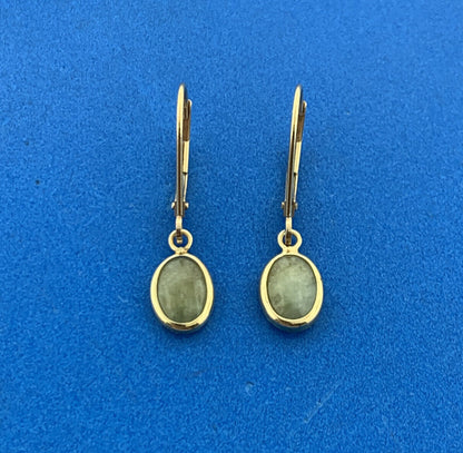 Designer Mexico 14K Yellow Gold Oval Jade Cabochon Drop Dangle Earrings