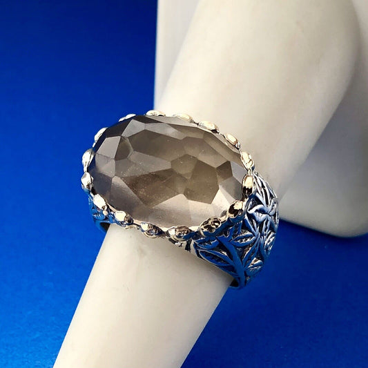 Retro 925 Sterling Silver 14K Two Toned Floral Engraved Smoky Quartz Dome Ring