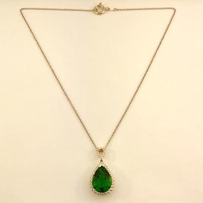 Designer Stauer 10K Yellow Gold Green Pear CZ Halo Statement Pendant Necklace