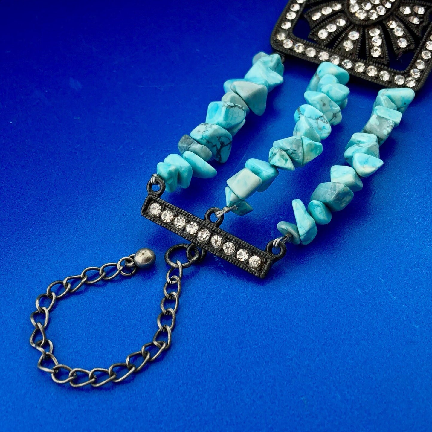 Dark Tone Metal Faux Turquoise Rhinestone Glass Three Strand Statement Bracelet