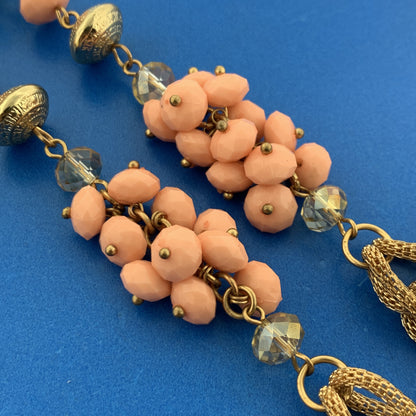 Vintage Gold Tone Faceted Bead Crystal Mesh Rope Statement Necklace