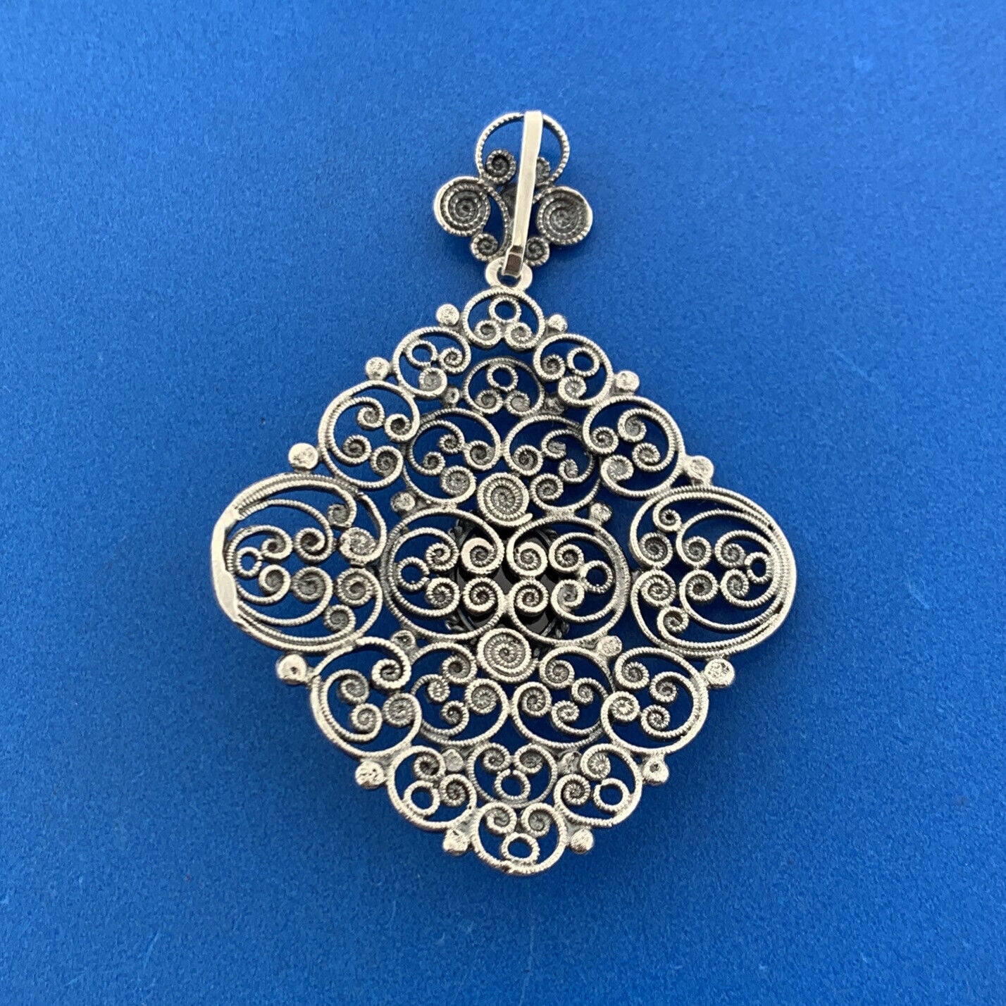 Designer Austria Sterling Silver Garnet Filigree Beaded Scroll Statement Pendant