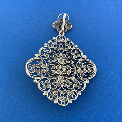 Designer Austria Sterling Silver Garnet Filigree Beaded Scroll Statement Pendant