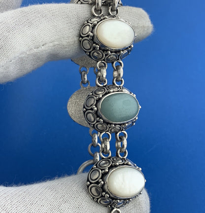 BA Suarti 925 Sterling Silver Aventurine Mother Of Pearl Cabochon Panel Bracelet