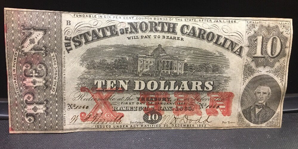 1863 $10 The State of North Carolina Note Civil War Era Possible Inking Error AU