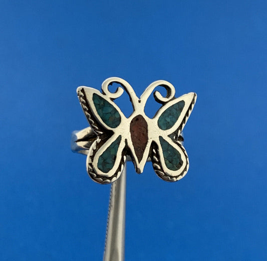 Vintage 925 Sterling Silver Turquoise Coral Inlay Butterfly Small Size 3.75 Ring
