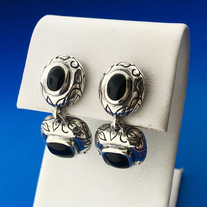 Vintage 925 Sterling Silver Black Onyx Leaf Scroll Balinese Drop Dangle Earrings