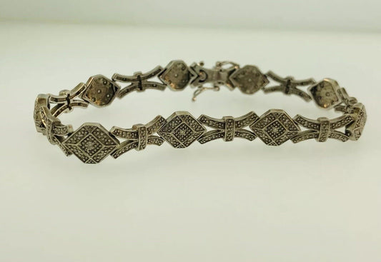 Vintage EA Sterling Silver 925 Diamond Modernist X O Link Tennis Bracelet