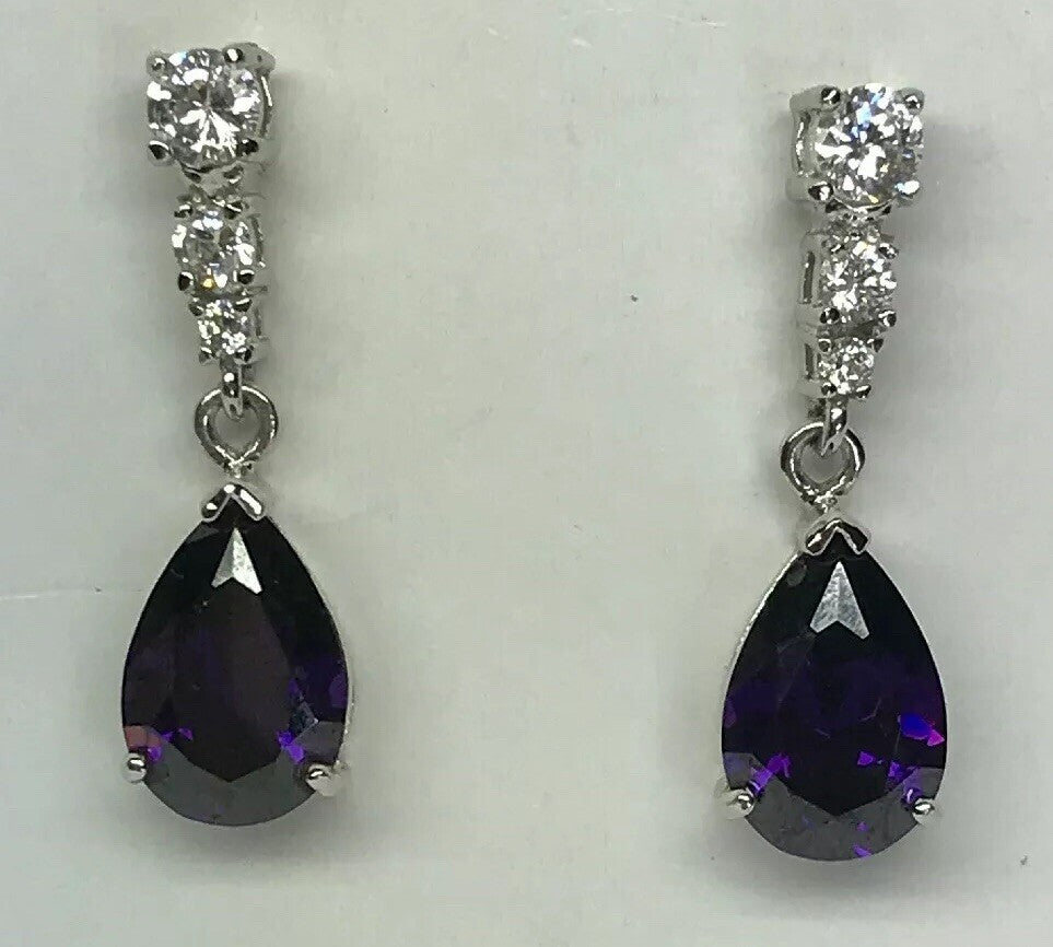 Designer Sterling Silver 925 Purple White Cubic Zirconia Statement Drop Earrings