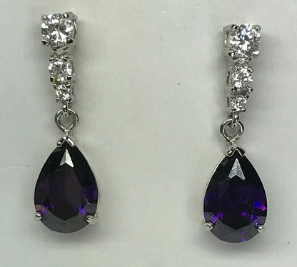 Designer Sterling Silver 925 Purple White Cubic Zirconia Statement Drop Earrings