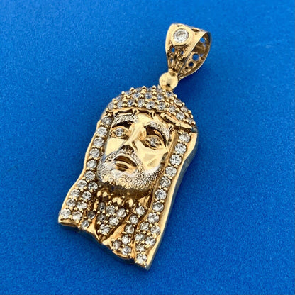 Designer CAL 10K Yellow Gold Cubic Zirconia Christ Jesus Head Statement Pendant
