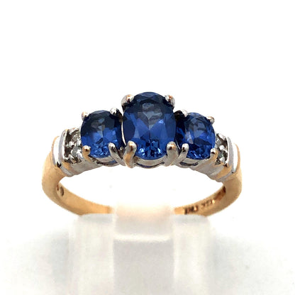 Designer JML 10K Yellow Gold Oval Tanzanite Trio Diamond Engagement Promise Ring