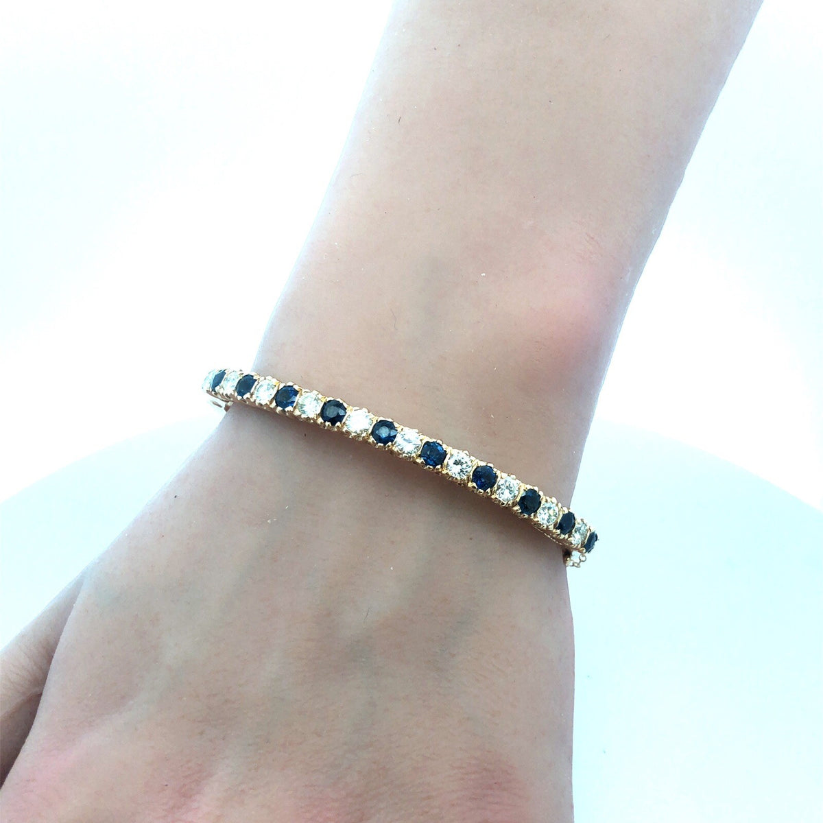 Stunning 14K Yellow Gold Diamond Sapphire September Hinged Bangle Bracelet