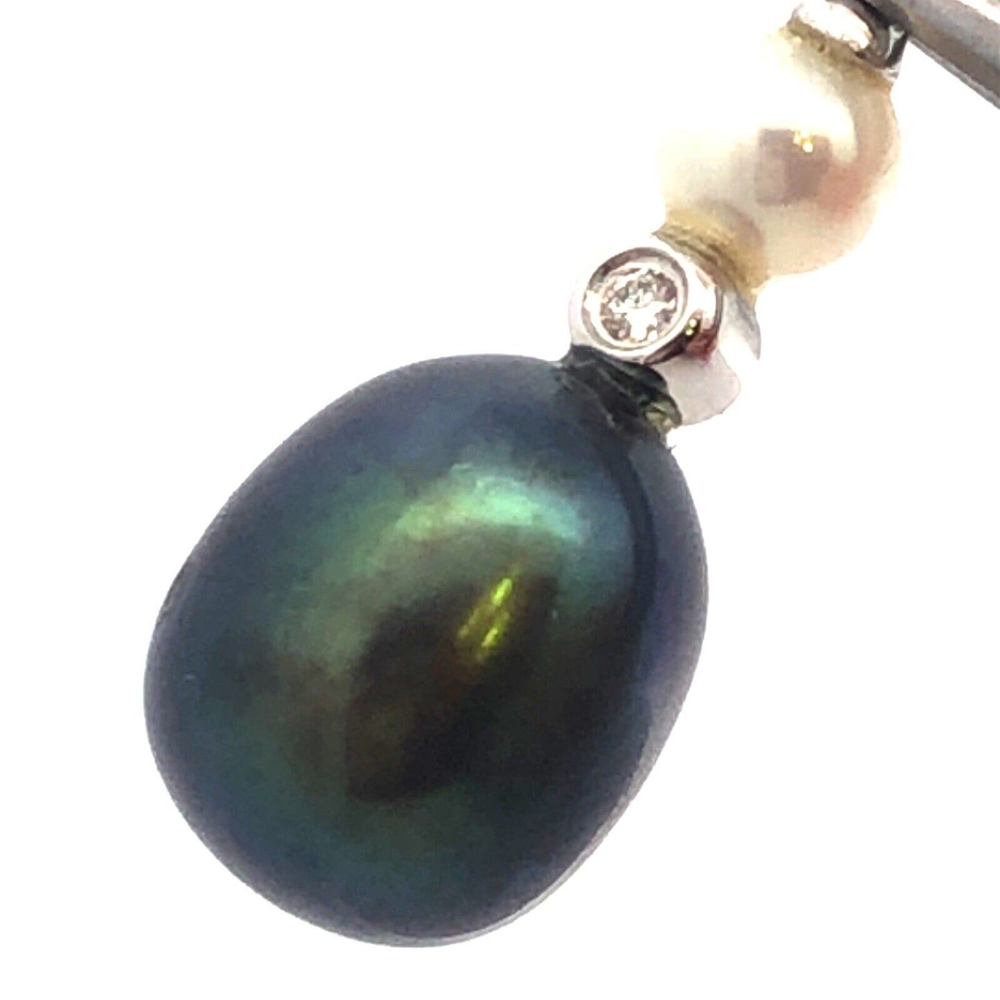 Designer 14K White Gold Black White Pearl Diamond Accented Drop Dangle Pendant