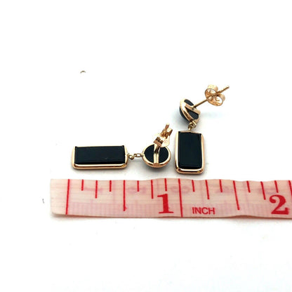 14K Yellow Gold Designer Round Rectangle Black Onyx Dangle Stud Earrings