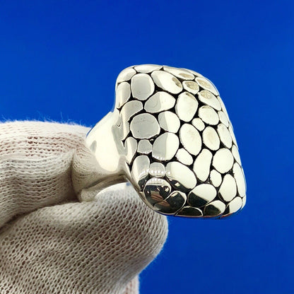 Retro Sterling Silver 925 Snakeskin Cobblestone Statement Rectangle Dome Ring