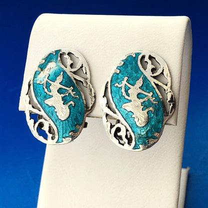 Antique Siam 925 Sterling Silver Aqua Enamel Nielloware Brooch Clip Earrings Set
