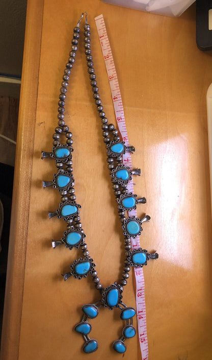 Vintage Native American 925 Sterling Silver Turquoise Squash Blossom Necklace