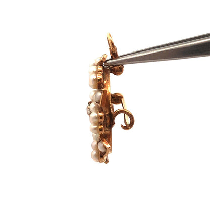 Vintage 14k Yellow Gold Diamond Seed Pearl Spiral Cluster Brooch Pendant