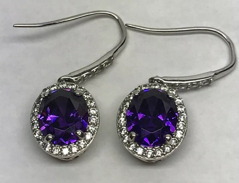 Designer Sterling Silver 925 Purple White Cubic Zirconia CZ Drop Dangle Earrings