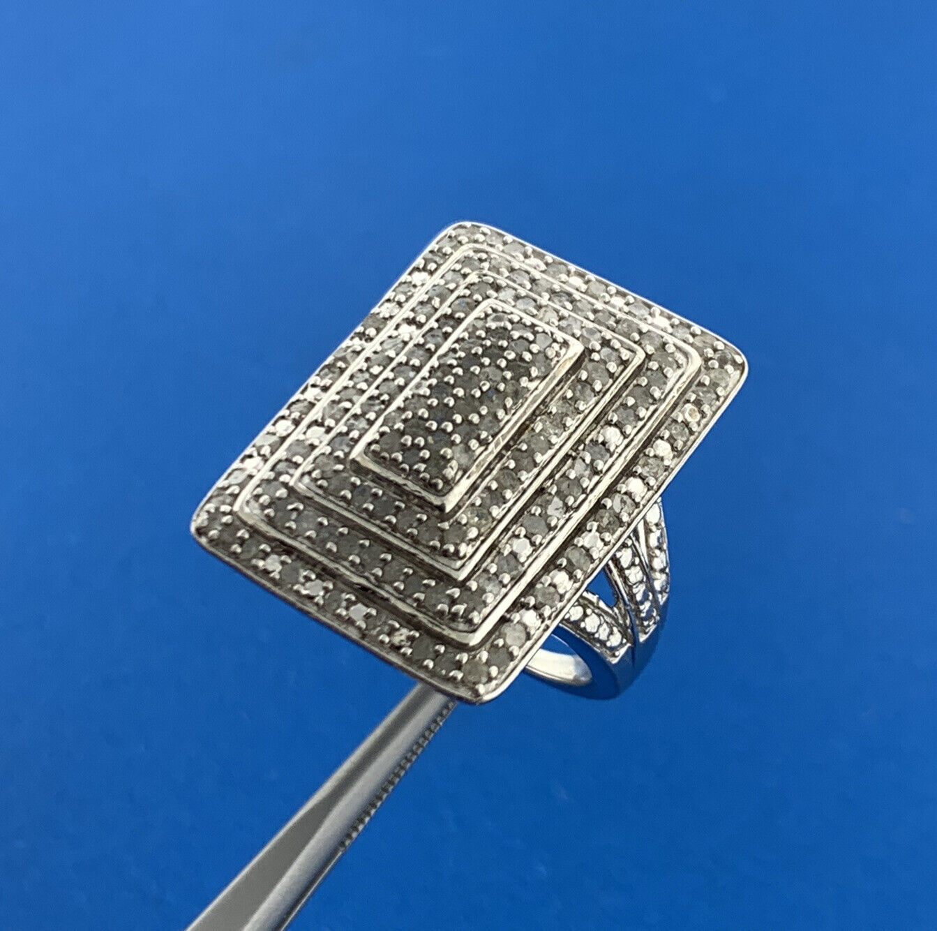 Designer 925 Sterling Silver Pave Diamond Rectangle Statement Finger Dome Ring