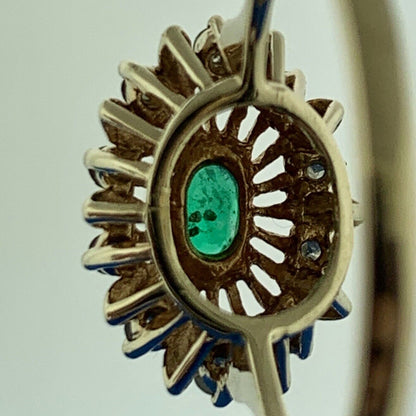 Vintage 14K Yellow Gold Oval Emerald Diamond Starburst Halo May Anniversary Ring