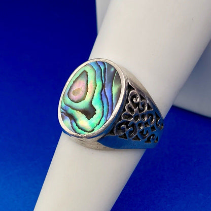 Designer NF 925 Sterling Silver Abalone Shell Cabochon Open Scroll Dome Ring