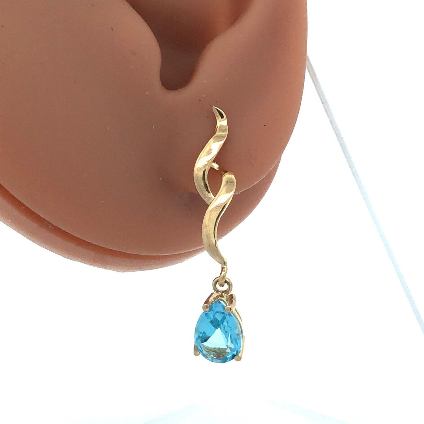 Designer ATL 14K Yellow Gold Pear Cut Blue Topaz Modernist Dangle Stud Earrings