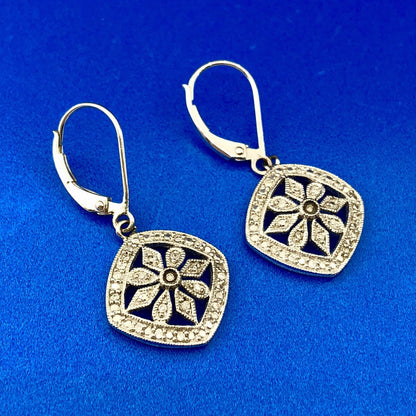 Designer Sterling Silver 925 Diamond Snowflake Flower Cluster Dangle Earrings