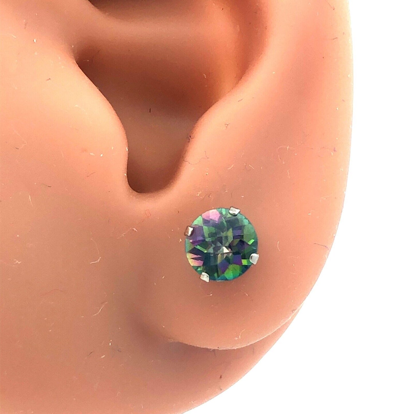 14K White Gold Round Mystic Topaz Solitaire Stud Earrings