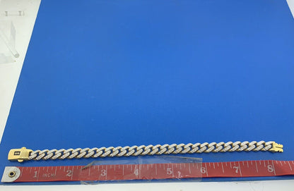 Monaco 10K Yellow White Gold Diamond Cut Miami Cuban Link 9mm Chain Bracelet