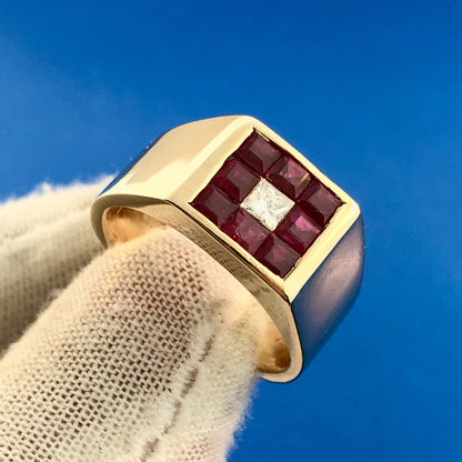 Retro 18K Yellow Gold Diamond Ruby Halo Channel Set Square Dome Unisex Ring