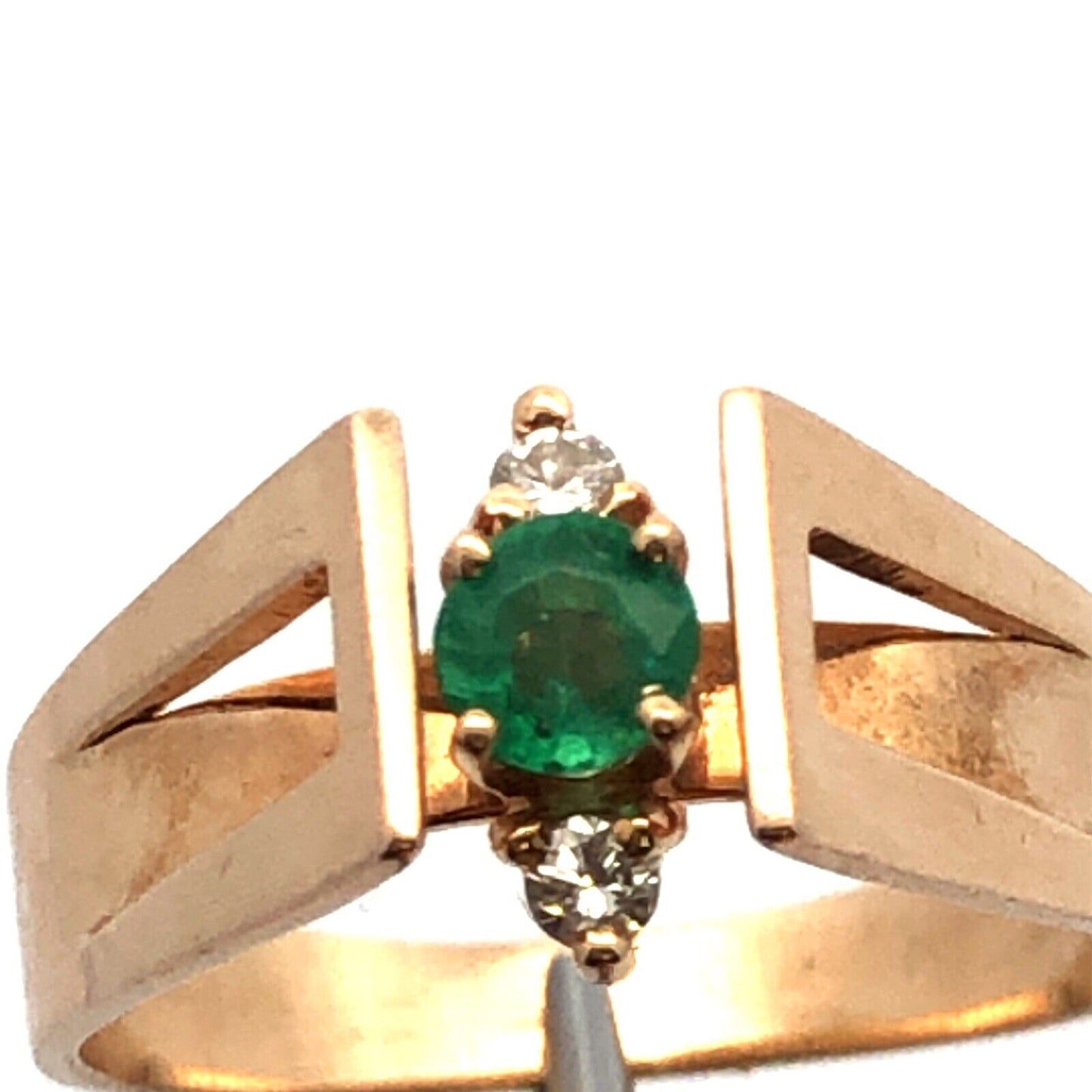 Designer 14K Yellow Gold Green Emerald Diamond Accent Modernist Ring