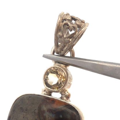 Vintage 925 Sterling Silver Grey Calsi Pearl White Amethyst Scroll Pendant